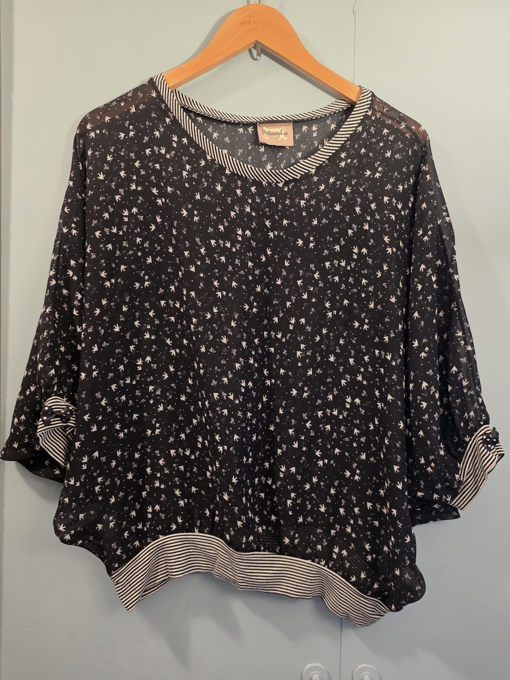Lightweight Black Floral Print Women’s Top with Striped Trim